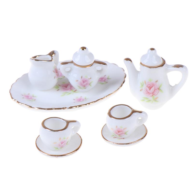 8Pcs 1/12 Dollhouse Miniature Dining Ware Porcelain Tea Set Dish Cups