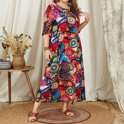 Vintage Dress Women O Neck 3/4 Sleeve Graffiti Print Loose Long Dress Plus Size FZH