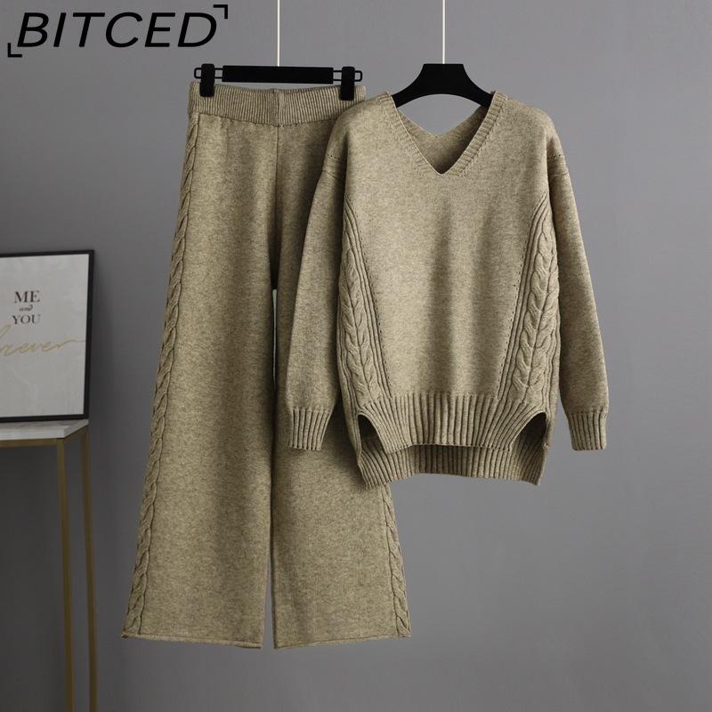 

BITCED Непринужденный свободный комплект из свитера и пуловера для женщин на осень и зиму, простые широкие брюки, стильный трикотажный комплект из двух вещей с V-образным вырезом One size хаки