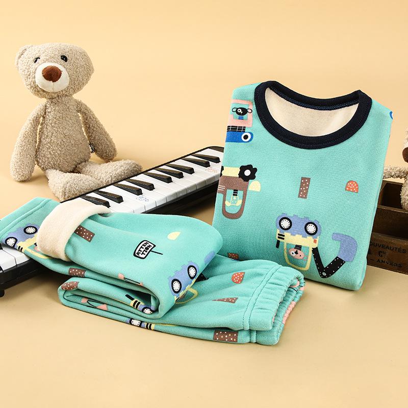 Children's Fleece-Lined Warm Pajama Set for Boys and Girls - Thick Winter Home Wear Pants and Top