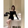 Women's Black One-Shoulder Long-Sleeve Dress: Autumn/Winter Wear, Bodycon, Waist-Cinching, Slim-Fit Skirt.