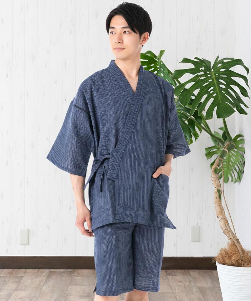 Jinbei Japanese summer Day Plus Seersucker Weave Simple Thin Stripes x [KYOETSU] Men's (traditional wear) - Father's Gift, Sizes, Stylish, Cotton, (L,