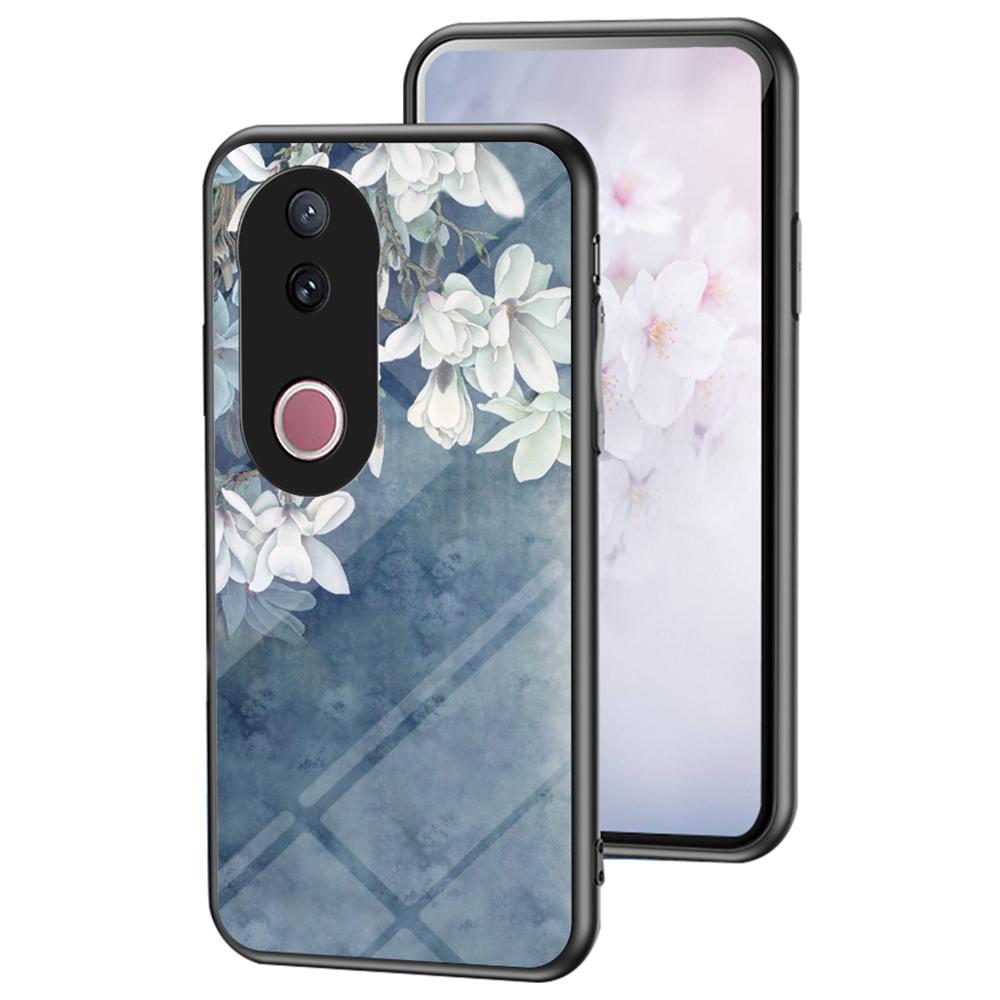 

For vivo V50 5G Case Floral Pattern TPU+Tempered Glass Protective Phone Cover Chinese Rose