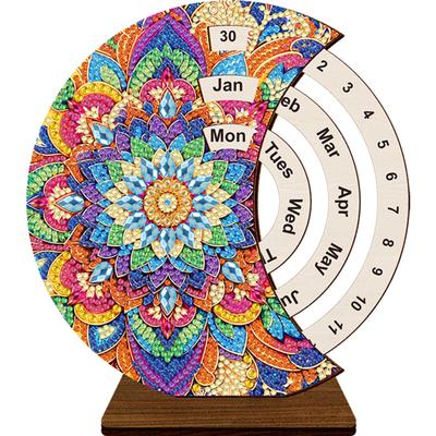 Diamond Painting Unique Wooden Rotating Calendar Perpetual Calendar with Rotating Month Day Week Manually Changing Date Calendar