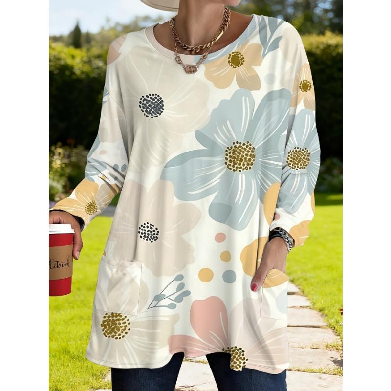 Women's plus size spring and summer new style printed long-sleeved loose top with pockets, fresh floral pattern