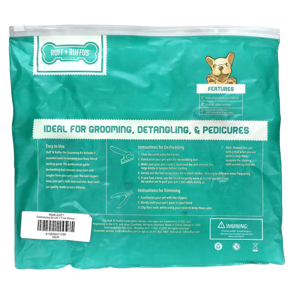 Ruff 'N Ruffus, Cat & Dog Grooming Kit, Deshedding Brush & Nail Clipper, Aqua, 1 Deshedding Brush, 1 Nail Clipper