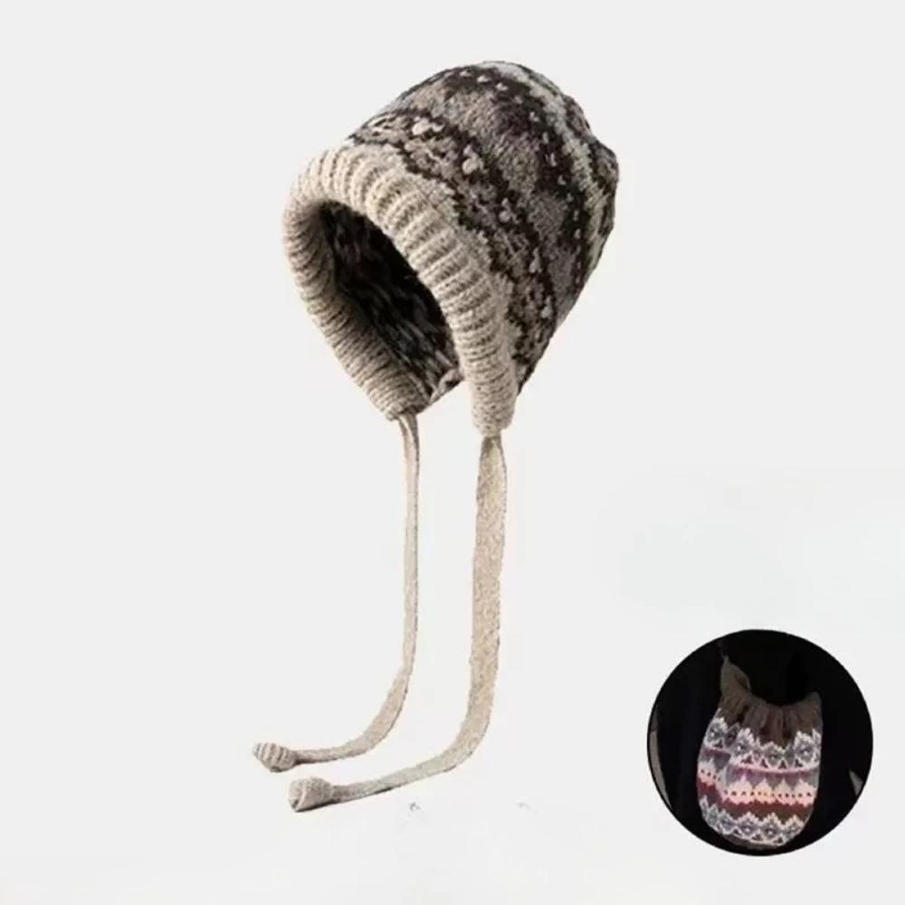 

Jacquard Bag Hat Women - Autumn Winter Vintage Warm Knit Woolen Hat Versatile 2-in-1 Ear Protection Pull-on Beanie бежевий