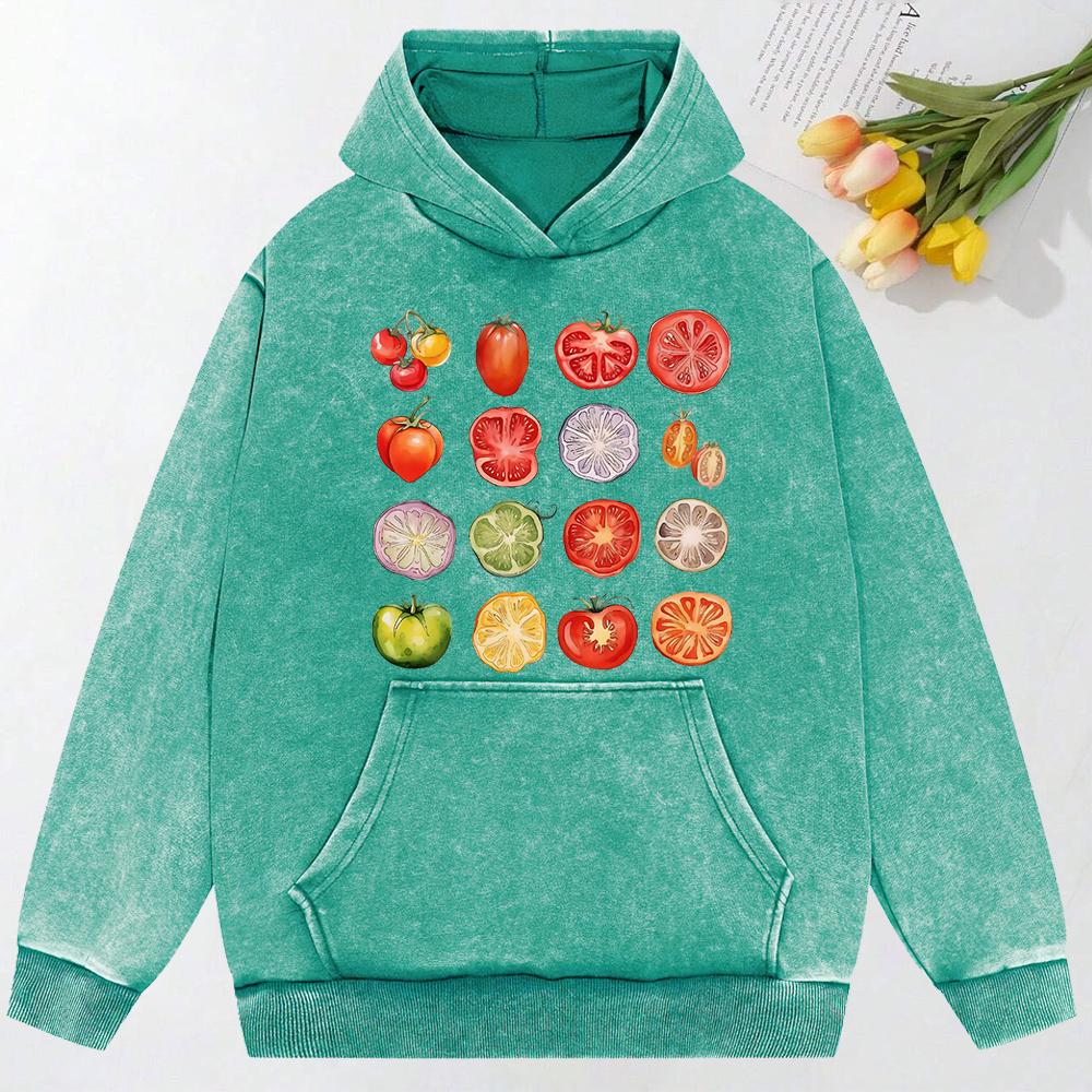 Tomato Variety Collection Chart Print Washed Women Clothes Creativity Cotton Hoodie Pocket Pullover Casual Hoody