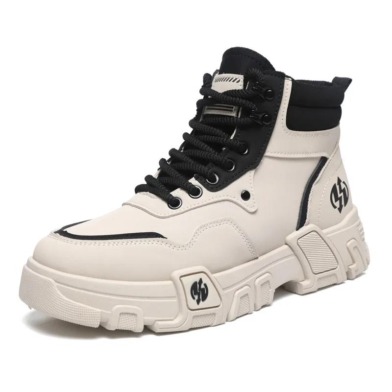 Модные мужские кожаные короткие ботинки модные универсальные мотоциклетные ботинки мужские осенние дышащие повседневные высокие ботинки на шнуровке hombre 39 бежевый 3839₽