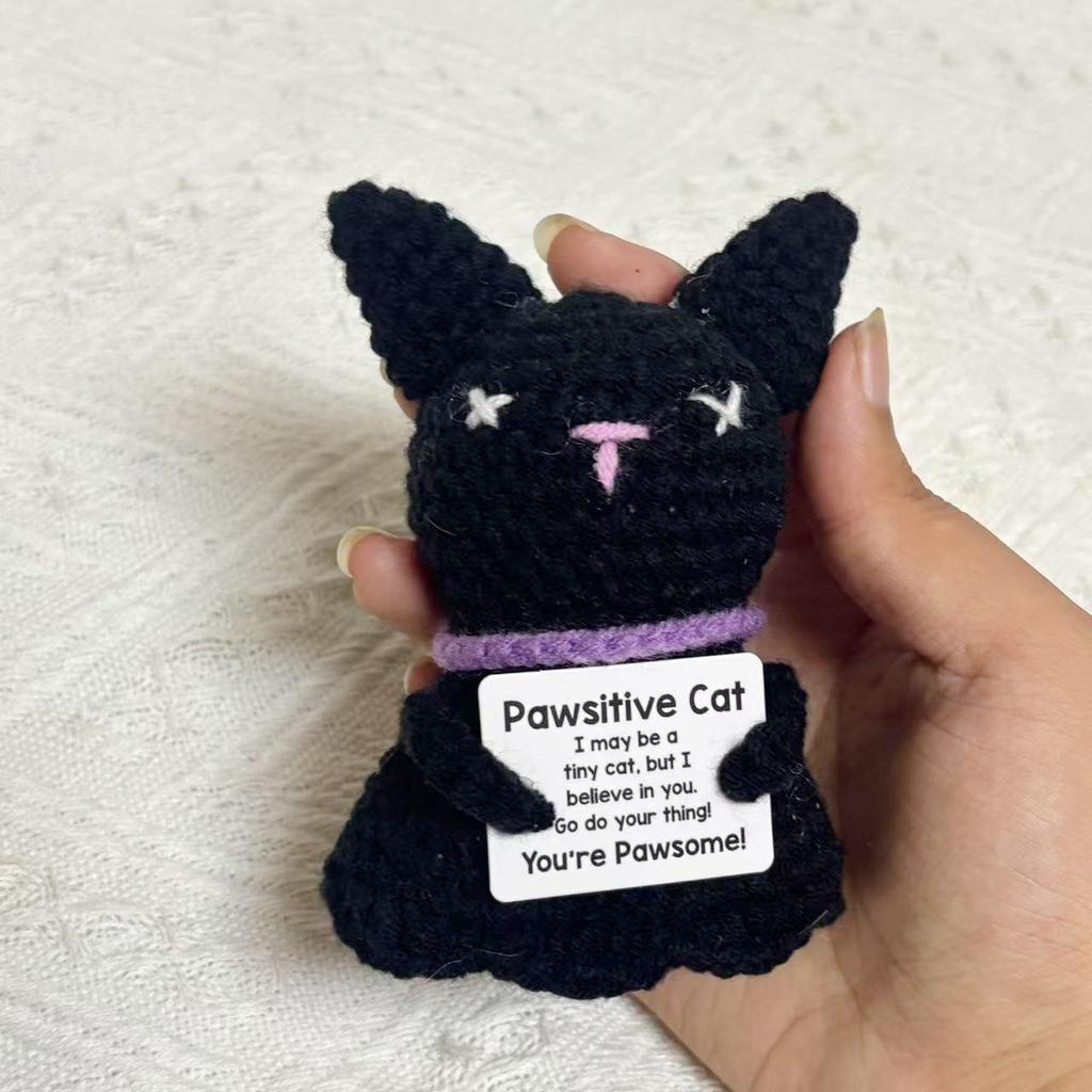 Crochet Emotional Support Cat Ghost Halloween Gifts Desktop Ornament Handmade Knitted Black Cat Doll With Card Home Room Decor