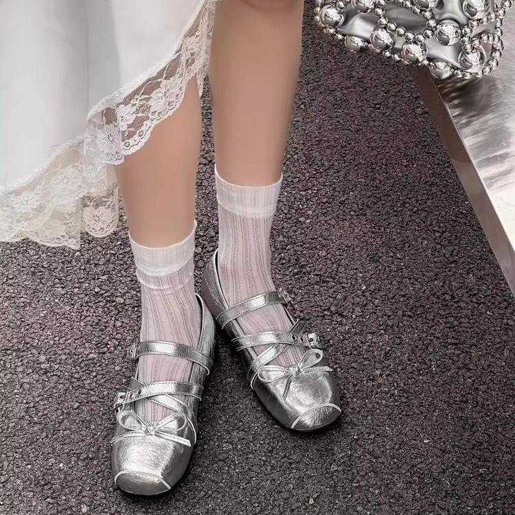 Silver Inner Height Increase Ballet Single Shoes Women's Summer 2025 New French Bow Mary Jane Shoes Flat Large Size Women's Shoes