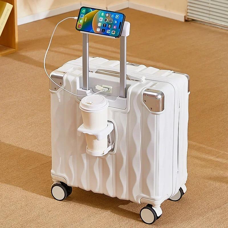 

Новый чемодан с паролем для кабины 18 Чемодан на колесиках Новый маленький багаж с USB, подстаканником, держателем для телефона, дорожная сумка, чемоданы на колесиках 18