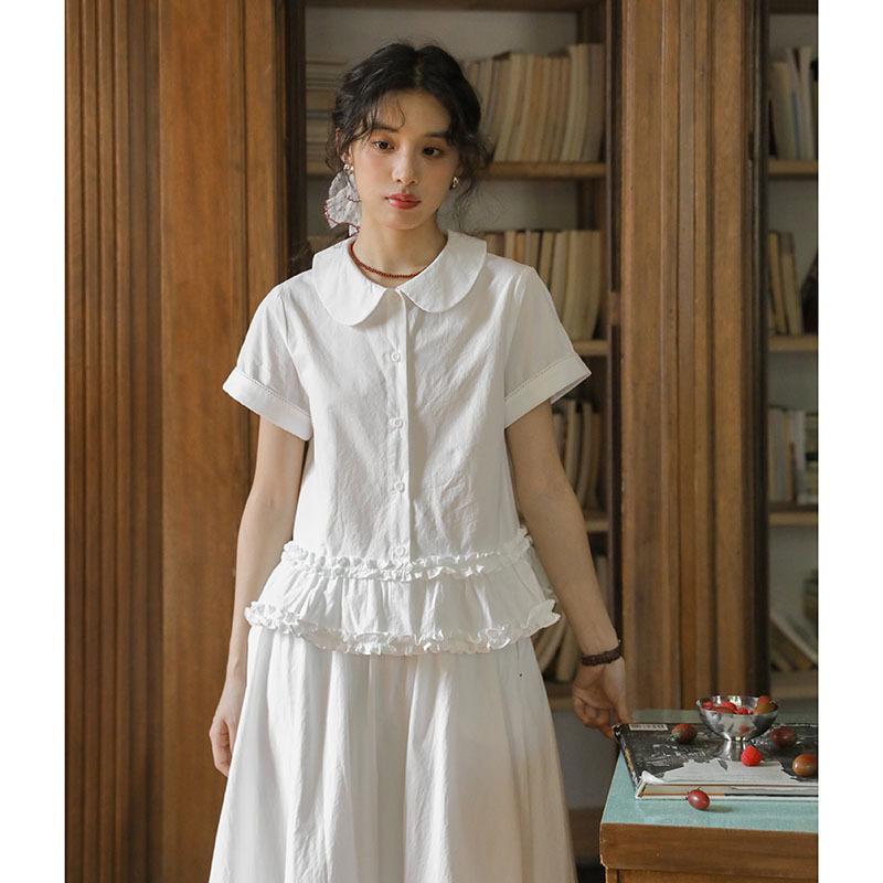 Literary white lace short-sleeved shirt top women + skirt