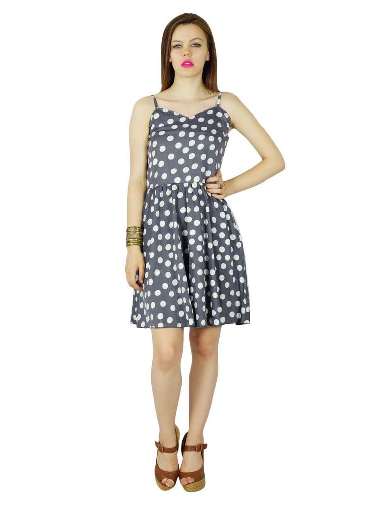 Bimba Women Retro Style Shift Dress Polka Dots Spaghetti Strap Pouf Mini