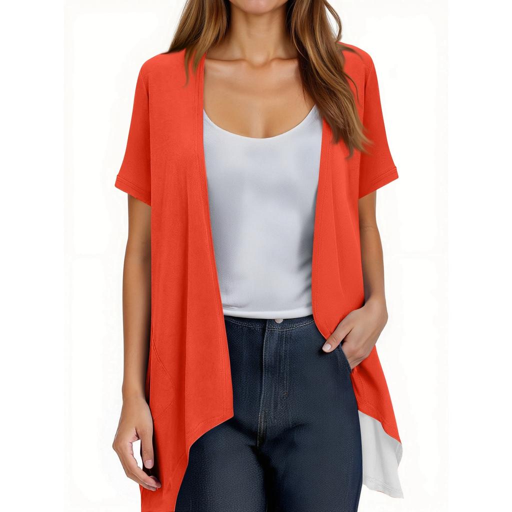 Women's Fashion Solid Color Irregular Hem Short Sleeve Cardigan Pocket Jacket