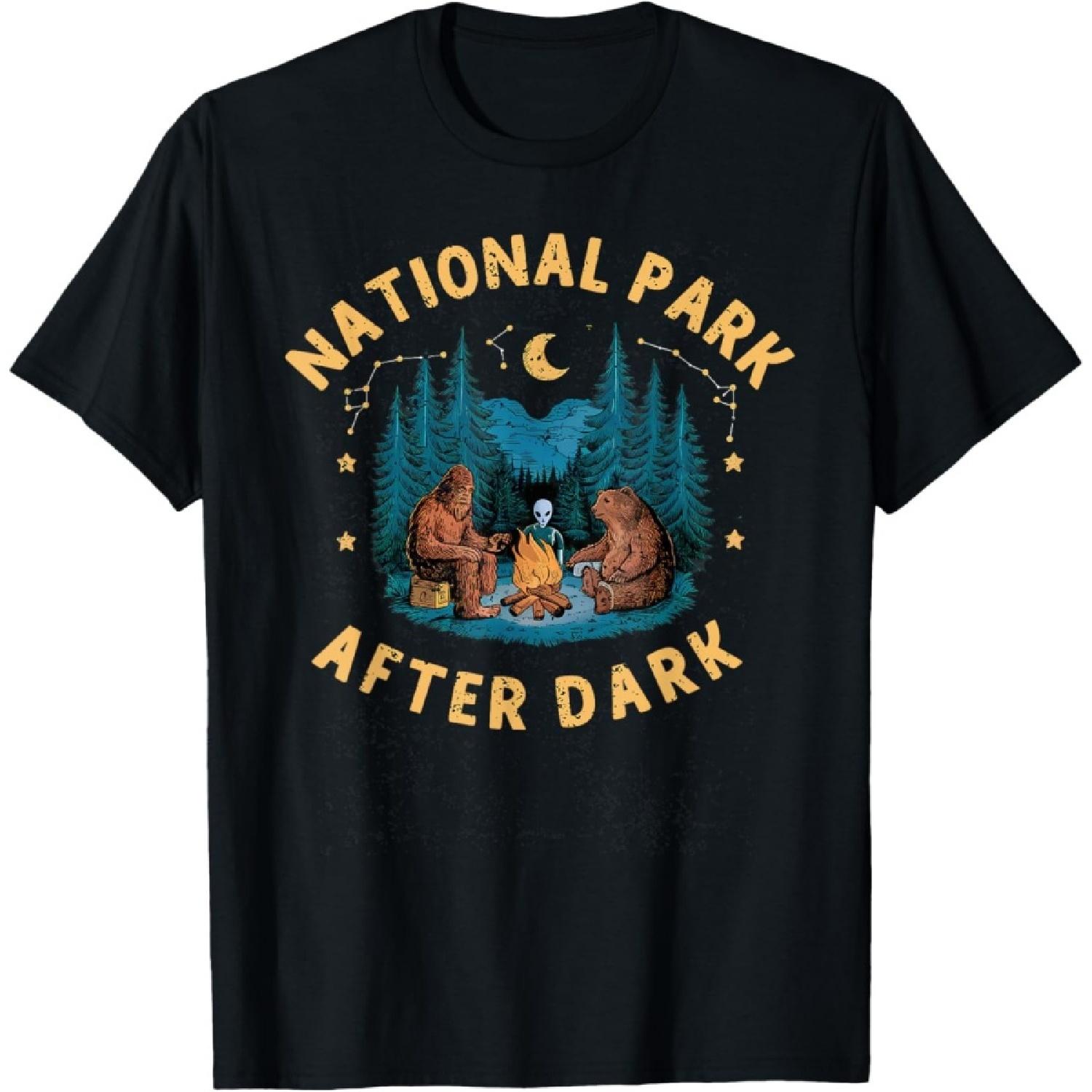 National Park After Dark Funny Bigfoot Alien Camping T-Shirt S