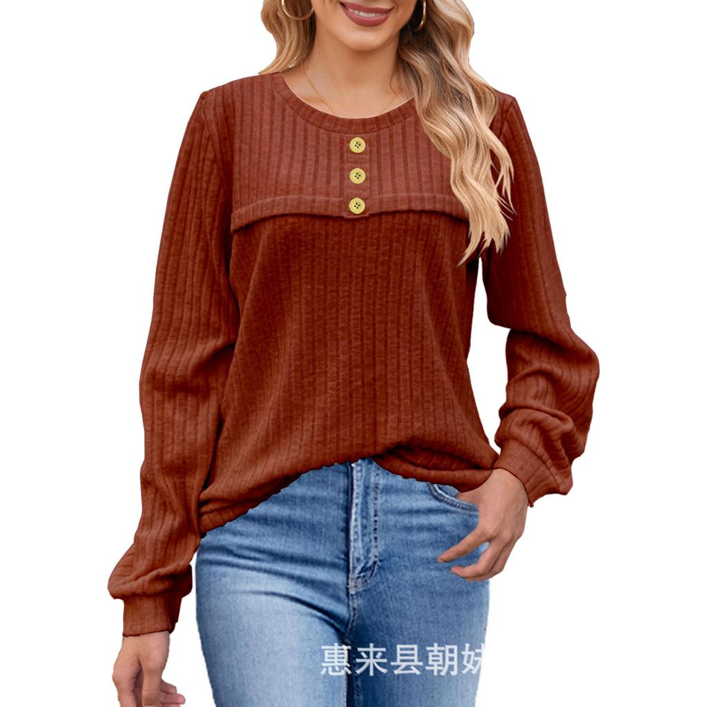 GMXIA Autumn and Winter Frosted Pit Stripe Button Long-sleeved T-shirt Casual Knitted Women's Top Sweaters