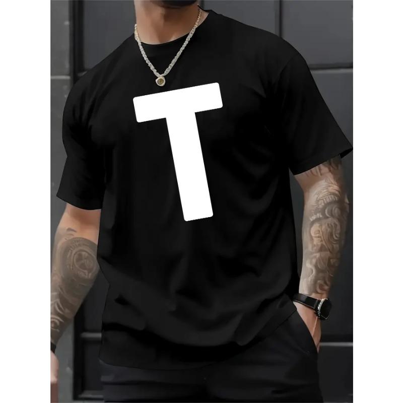European sizes Men'S Fashion Printed Letter T, Summer Men'S Casual Street Style Elastic Round Neck T-Shirt