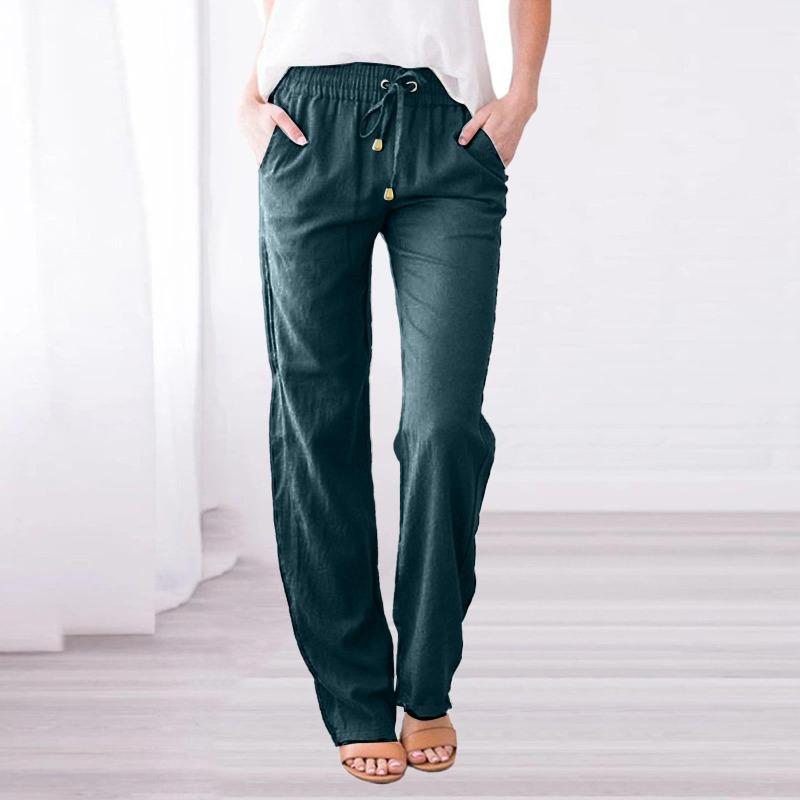 Spring Summer Women Trousers Solid Color Cotton Linen Pants Loose Casual Wide Leg Drawstring Pants