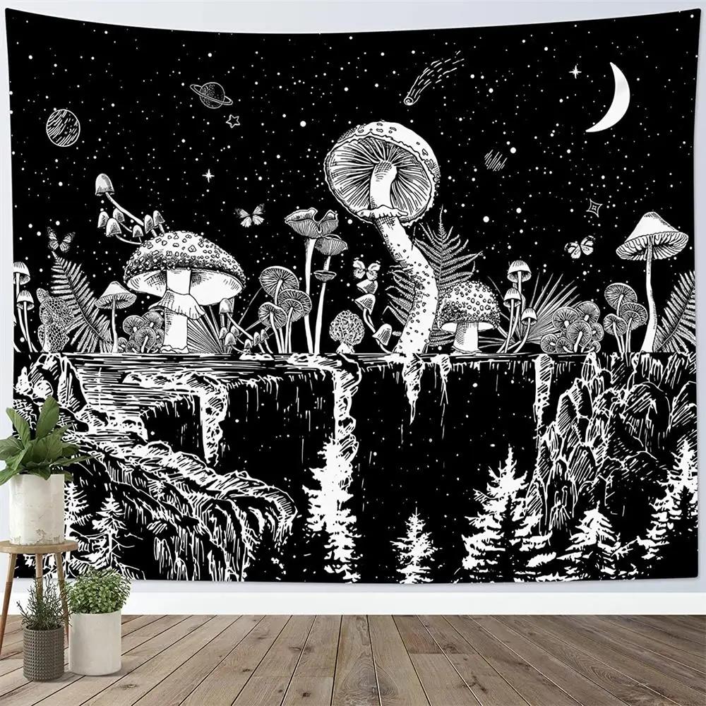 Black and White Wall Art Aesthetic Home Tapestry Gothic Skull  Psychedelic Hippie Mushroom