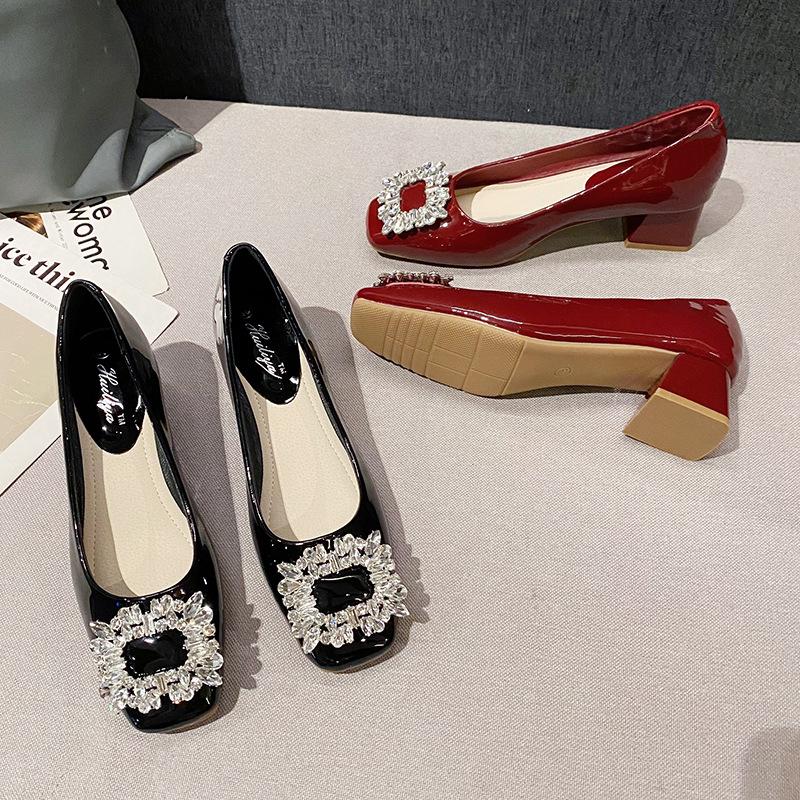 

Huiliya thick heel single shoes women s new Mary Jane square buckle rhinestone thick heel fairy with skirt high heels D678-1 40 червоний