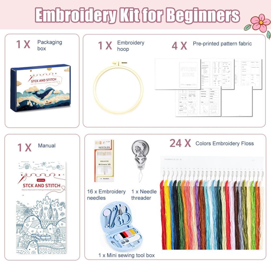 DIY Stitch Book,Embroidery Stitch Book on Linen Fabric,Comprehensive Guide with Various Patterns,Contains Multiple Sewing Tools,Beginners Enthusiasts