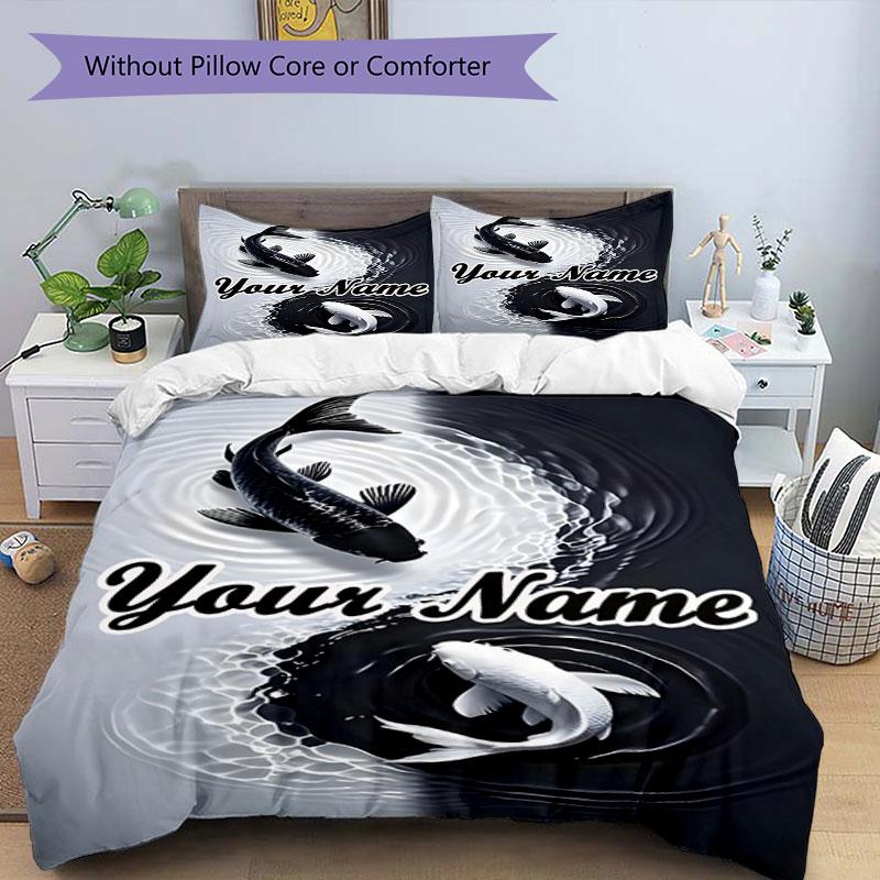 3PC Custom Name Koi Fish Yin Yang Bedding Set Duvet Cover Closure Includes 1 Duvet Cover & 2 Pillowcases for Bedroom