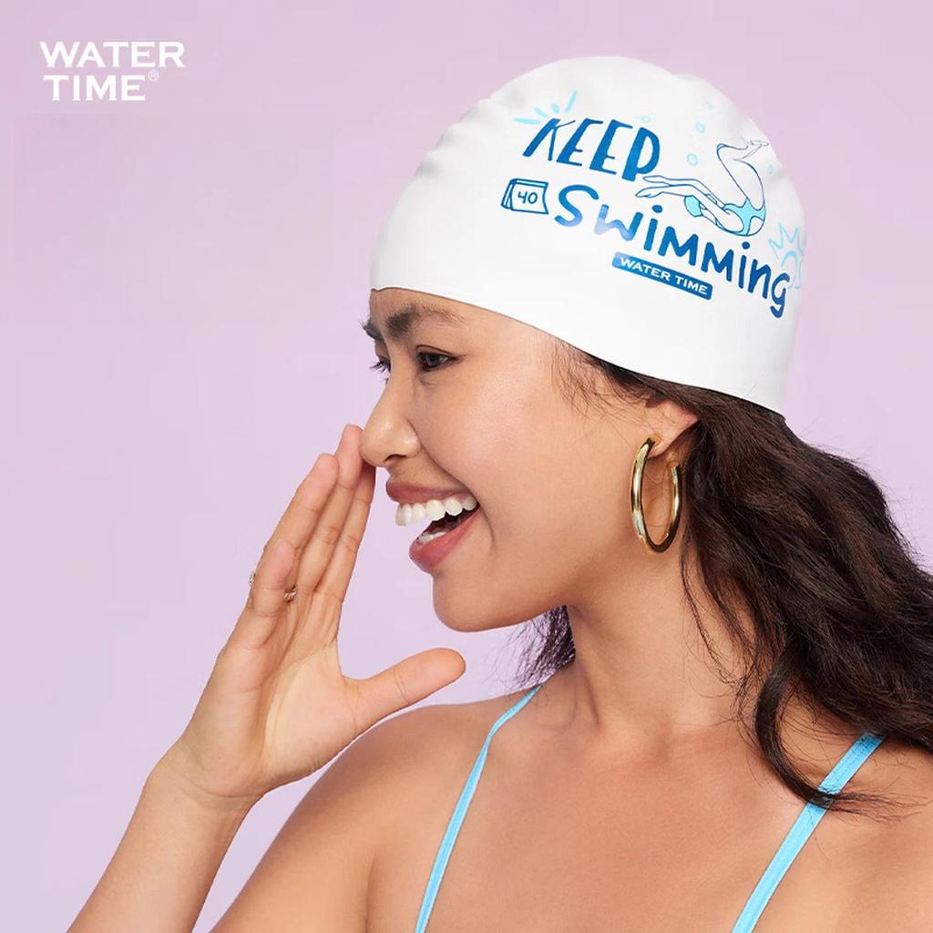 WATERTIME Silicone Swimming Cap, Large Size for Long Hair, Professional Swimming Cap, Blue