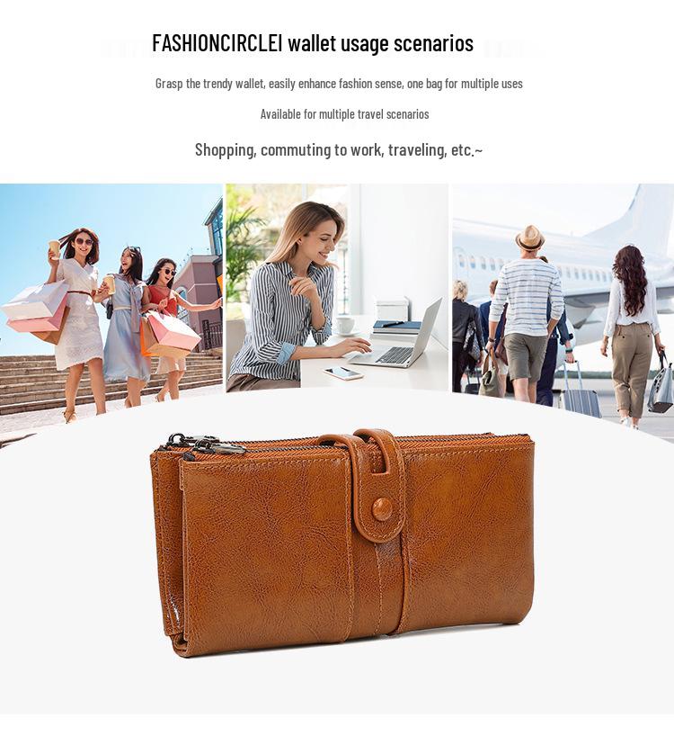 2025 RFID-Blocking Anti-Magnetic Women's Retro Oil Wax Leather Clutch/Long Wallet.