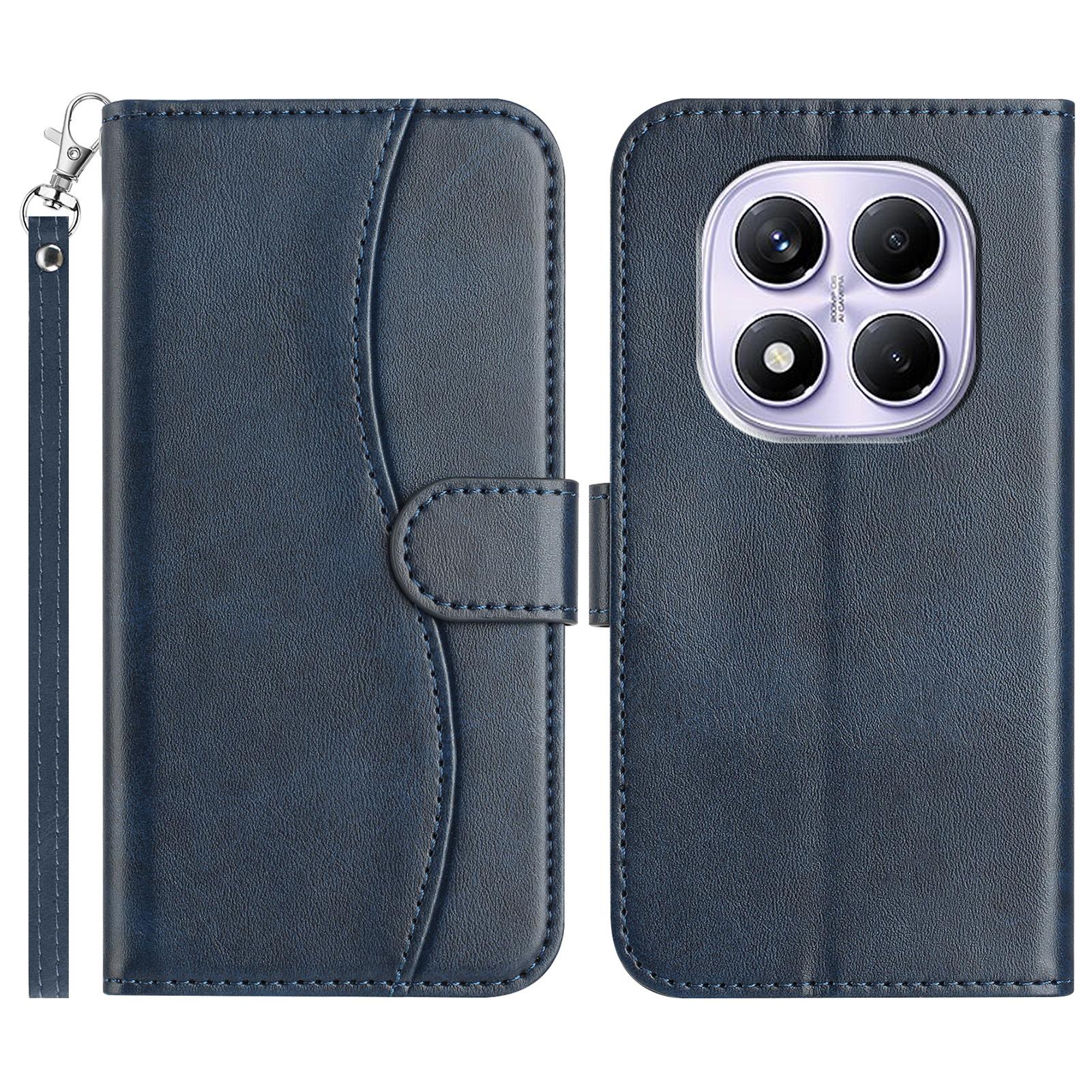 

For Xiaomi Redmi Note 14 Pro 4G Stand Case with Strap PU Leather Wallet Phone Cover S Shape Stitching Design Navy Blue