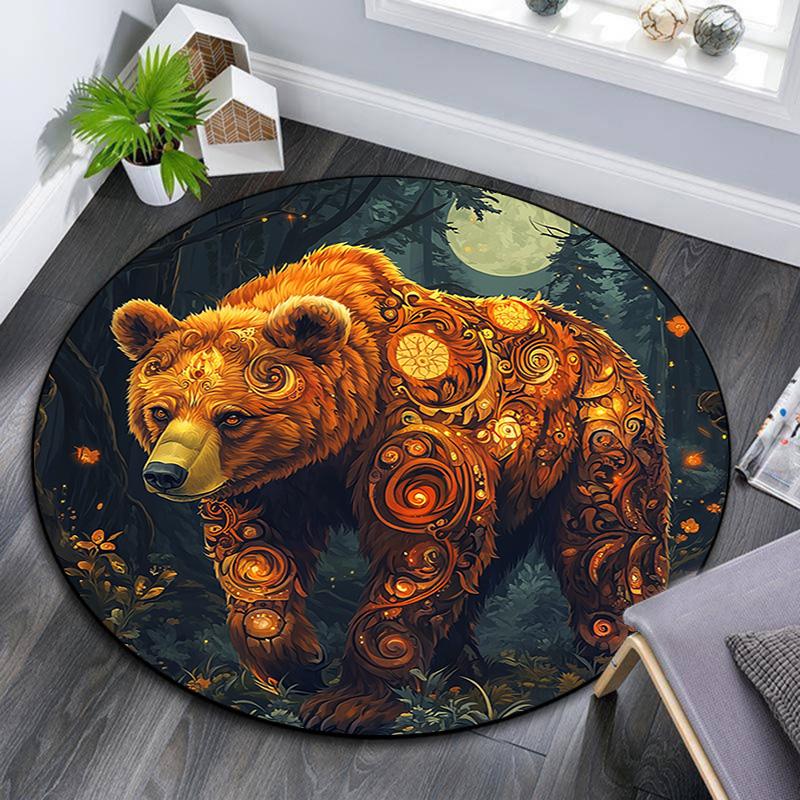 Golden Bear Round Area Rug,Carpet Rug for Living Room Bedroom Sofa Playroom Decor,Non-slip Floor Mat