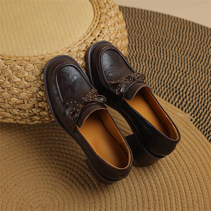 Fashion New Spring Sheep Leather Woman Shoes Square Toe Women Pumps Shoes for Women Chunky Heel Loafers Fashion Rivet Bow Casual Shoes