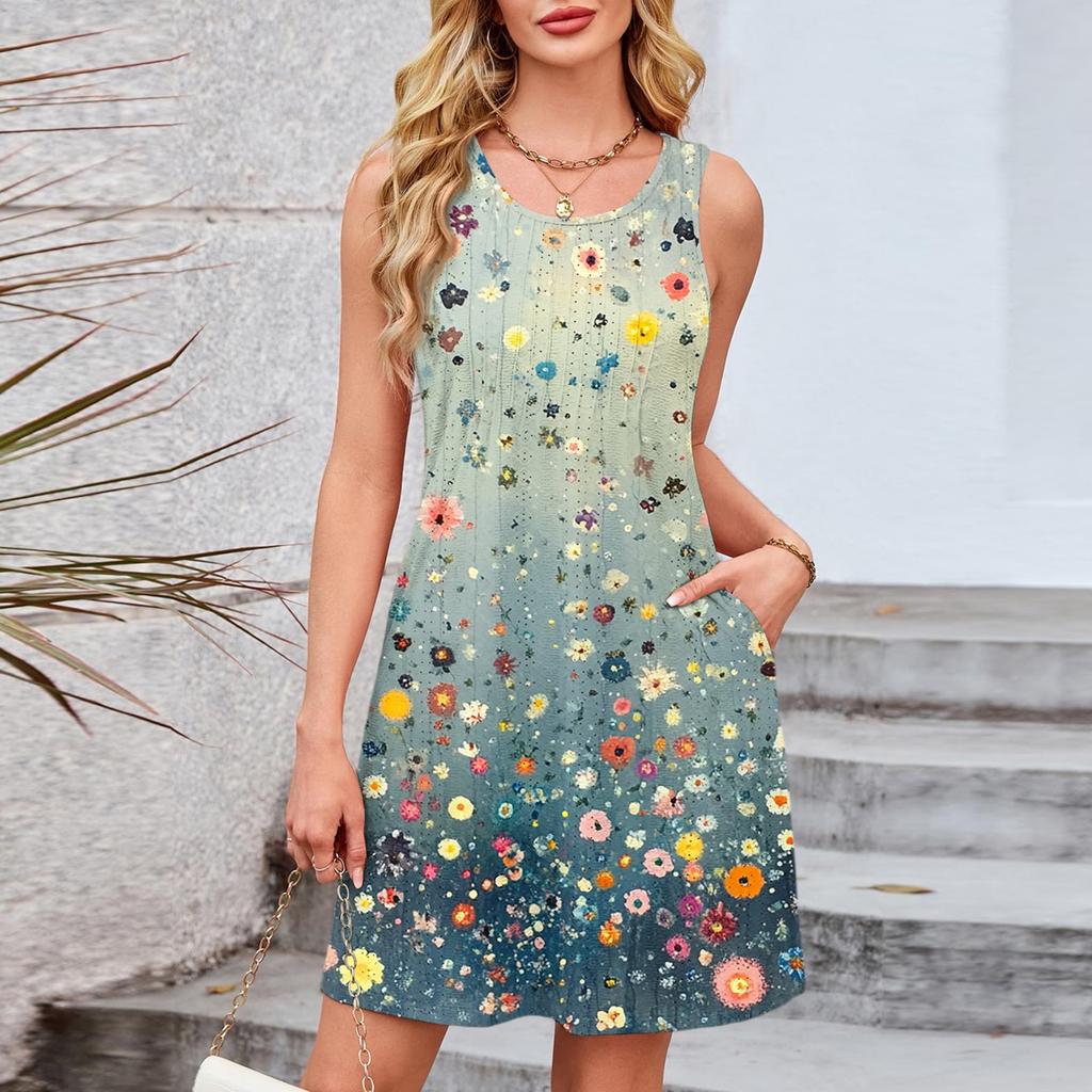 Women's Casual Fashion Breathable Flower Printed Vest Dress With Pockets