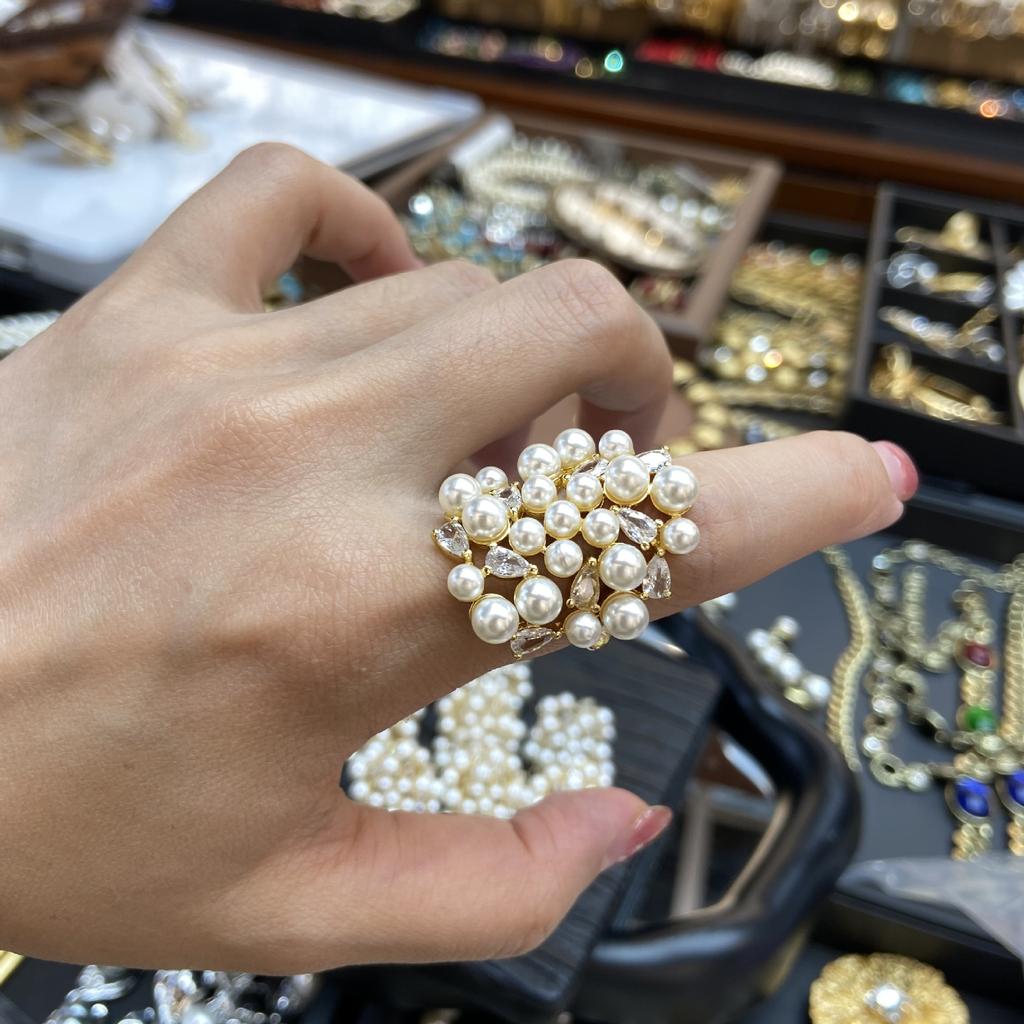 Temperament Elegant Light Luxury Geometric Wide-sided Rhinestone Open Ring Dense Row Inlaid Zircon Pearl Ring Ring Ring