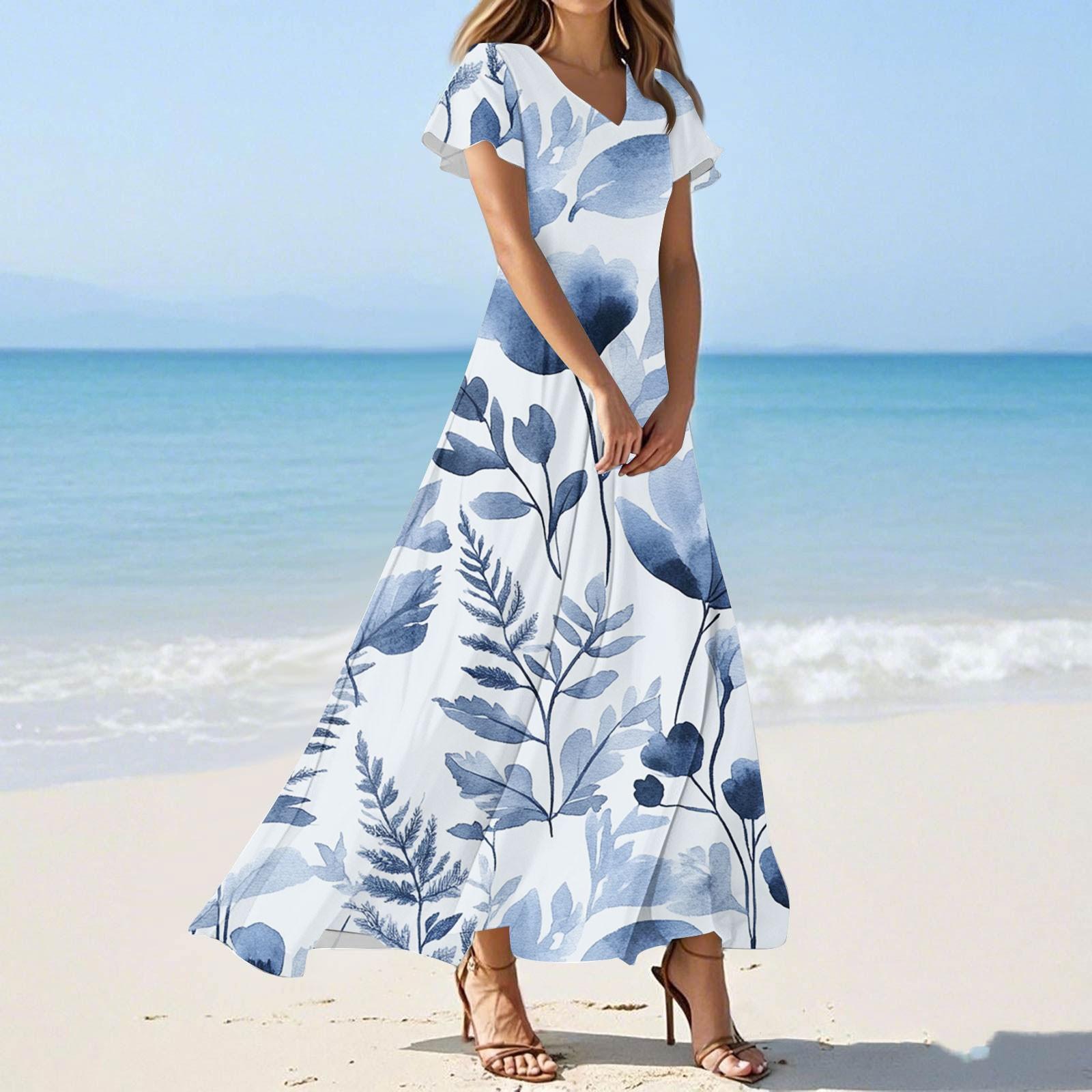 

Жіноча літня повсякденна мода квітковий принт сукня V-подібним вирізом коротка сукня XXL синій