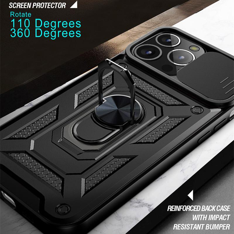 Armor Slide Camera Protection Phone Case For iPhone 13 12 11 Pro Max XR XS Max 6 7 8 Plus Ring Stand Holder Shockproof Cover