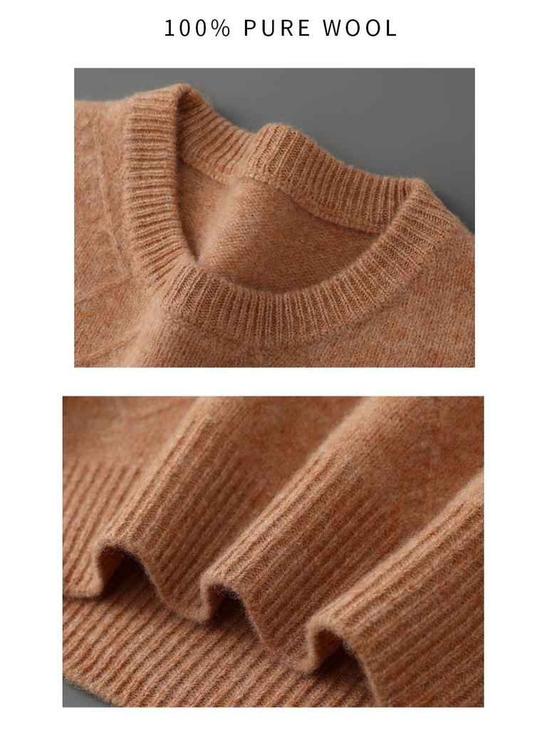 Men's Diamond Jacquard Pure Wool Pullover - Thick, Soft, and Smooth Round Neck Sweater for Autumn/Winter 2025.