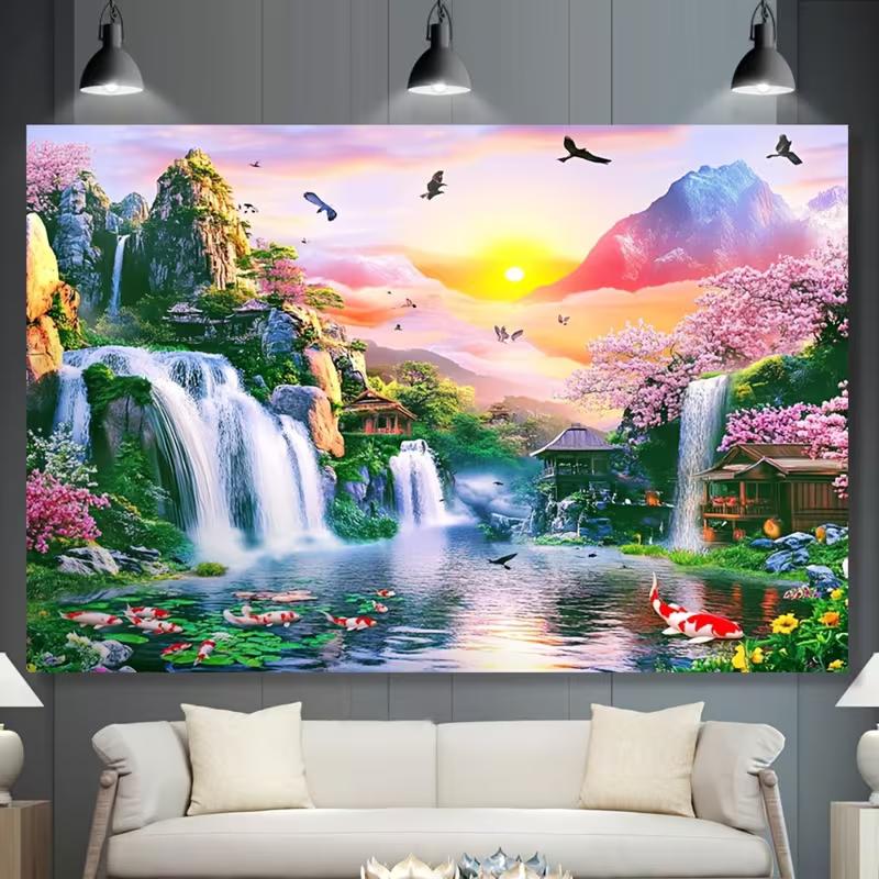 2D Sunrise Mountain Waterfall Backdrop, Japanese Garden Koi Fish Party & Studio Background