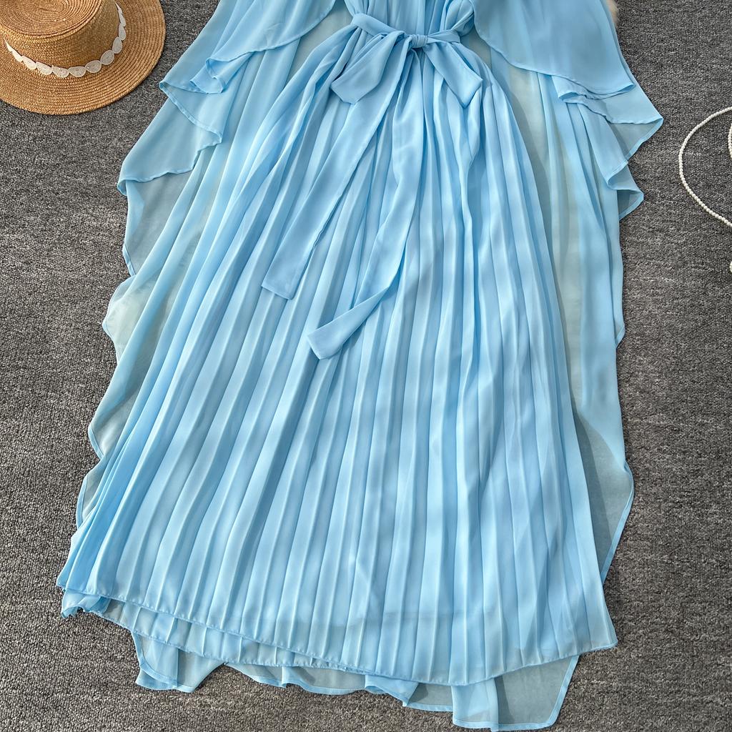 Elegante vestido largo plisado de gasa con cuello redondo, cordones y mangas estilo capa vintage para mujer, ropa de calle de moda