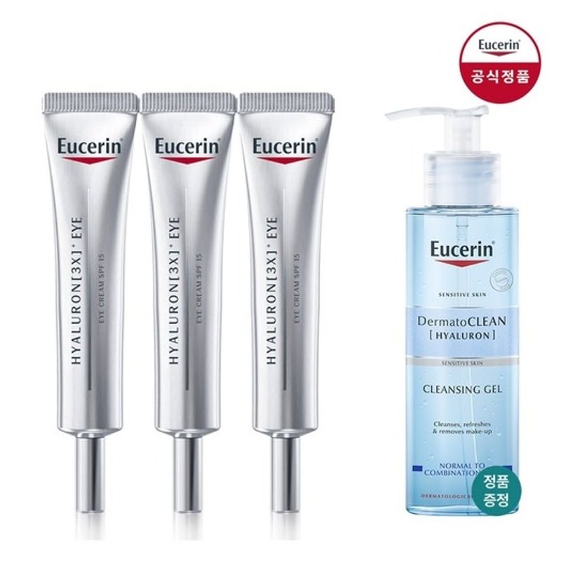 Eucerin Hyaluronic 3X Eye Cream 15ml Triple Pack Dermato Clean Refreshing Cleansing Gel 200ml