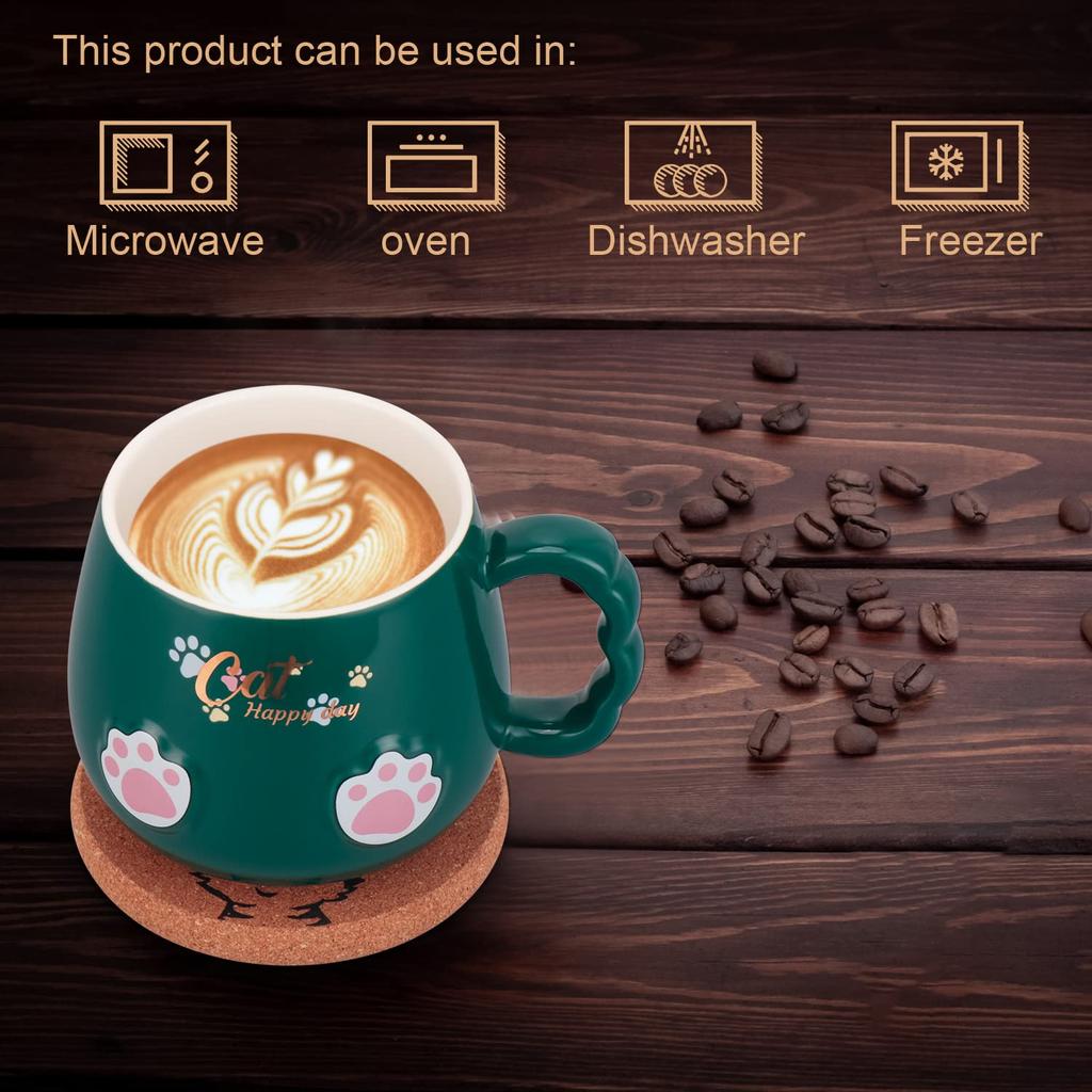 Ceramic Cat Mug with Lid and Coffee Cute Cat Birthday Gift Spoon, Cup/Mug, (White) (Green)