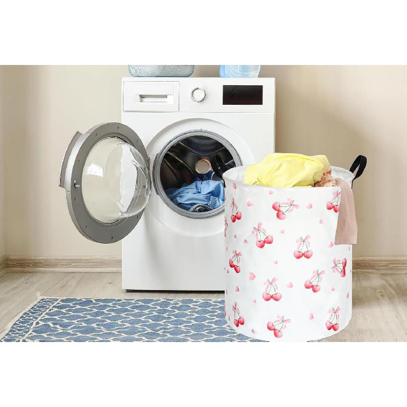 Cherry Print Round Laundry Hamper Storage Basket B Clothes Nursery Hamper for Home, Gift Storage B with Handles