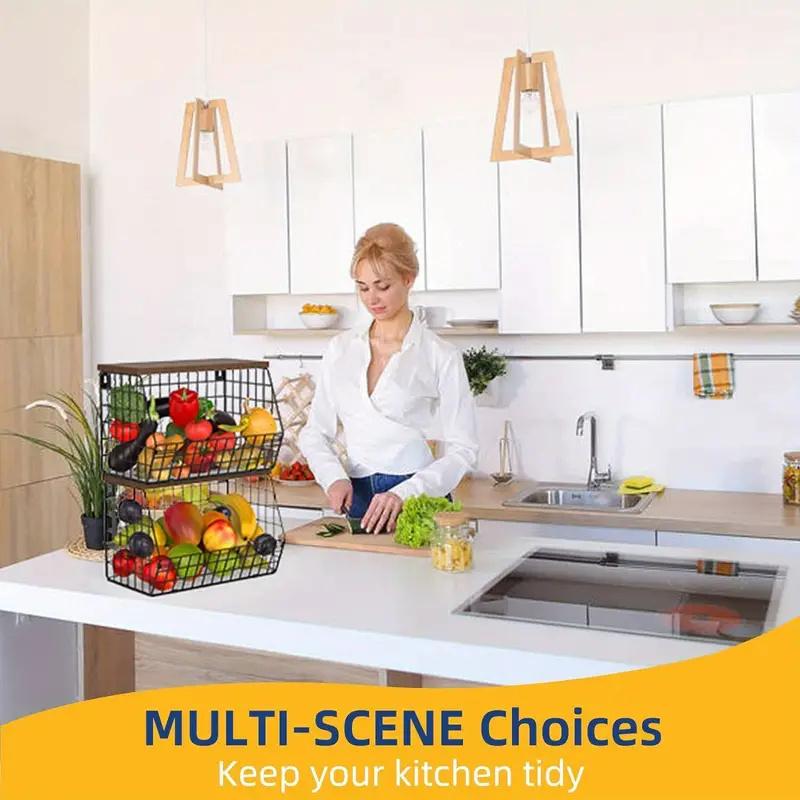 Fruit Basket Onion Storage Wire Baskets with Wood Lid Multifunctional Stackable Wall Mounted Countertop Tiered Kitchen