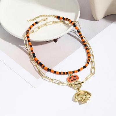 Women Halloween Necklace Spider Skull Dark Style Pumpkin Pendant Chain Bat Double-layer Cosplay Choker