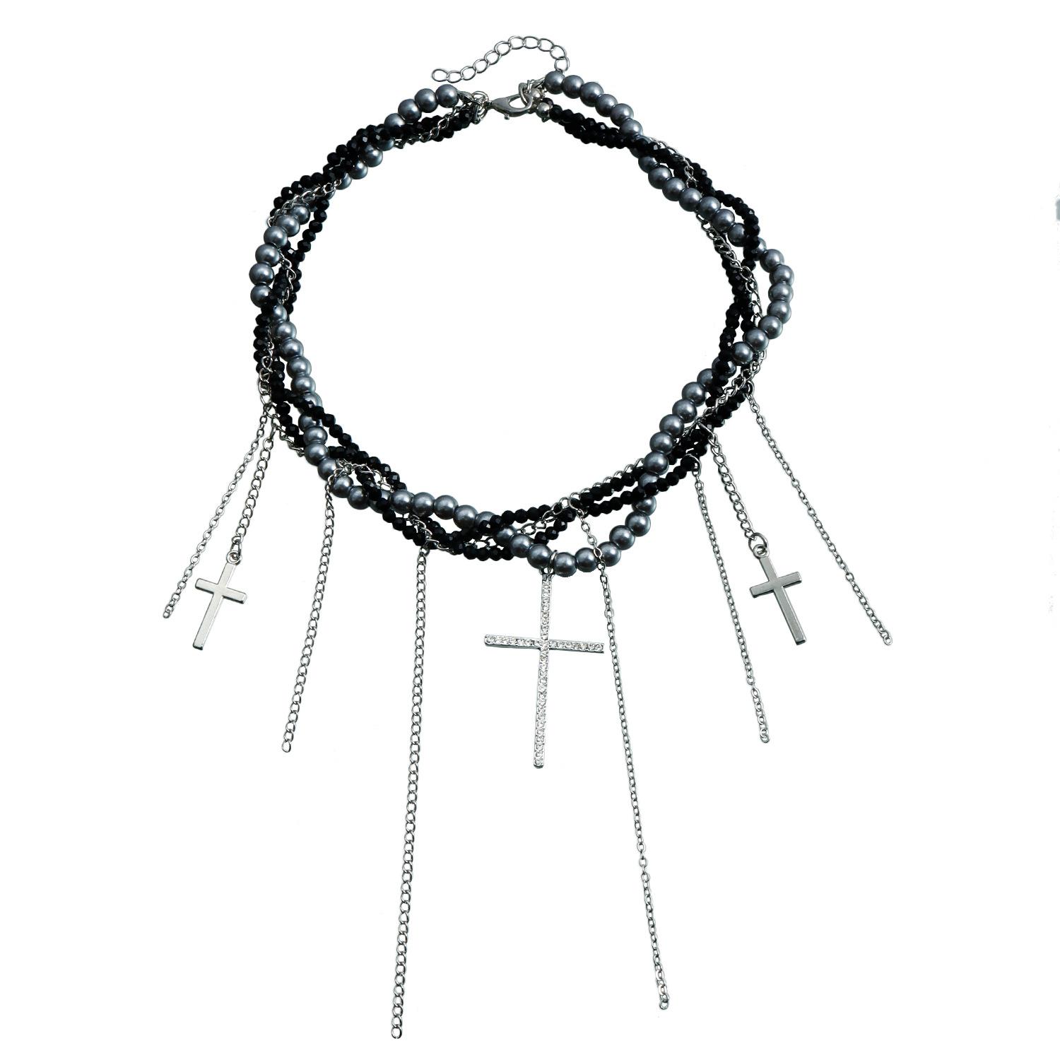 

Украшения Нежный кулон-кисточка с крестом Стеклянные бусины-рис Цепочка для ключиц Тренд Многослойное ожерелье