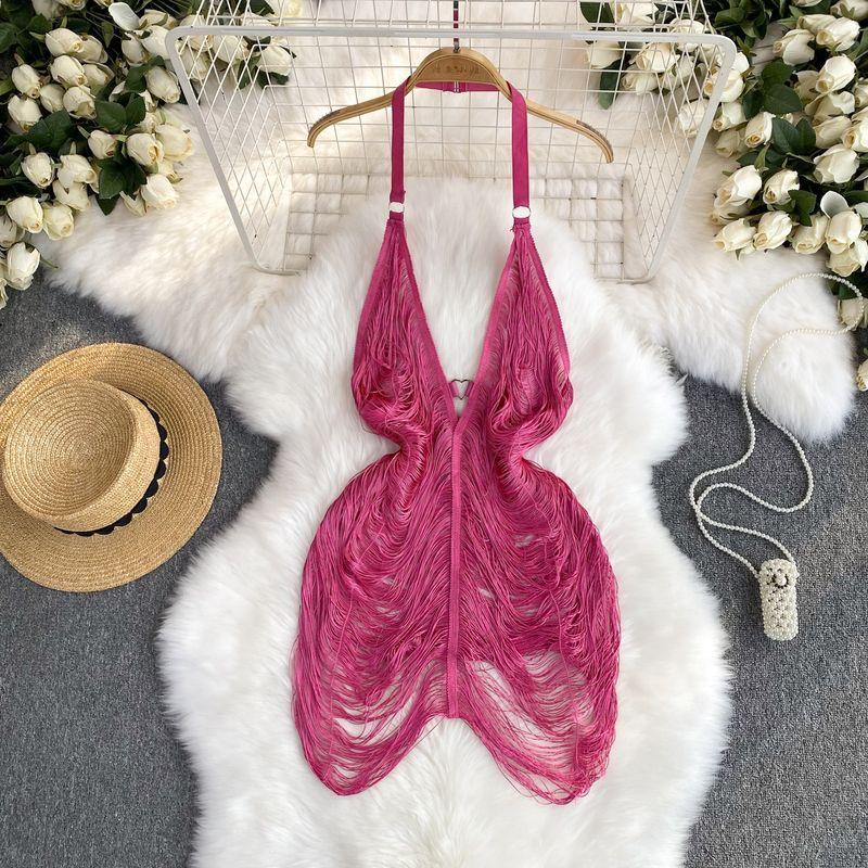 

Fashion Export Women s Suspender Skirt Sexy Inspirational Design Cut Out Deep V-neck Halter Wool Tassel Outer Dress Rose Red S
