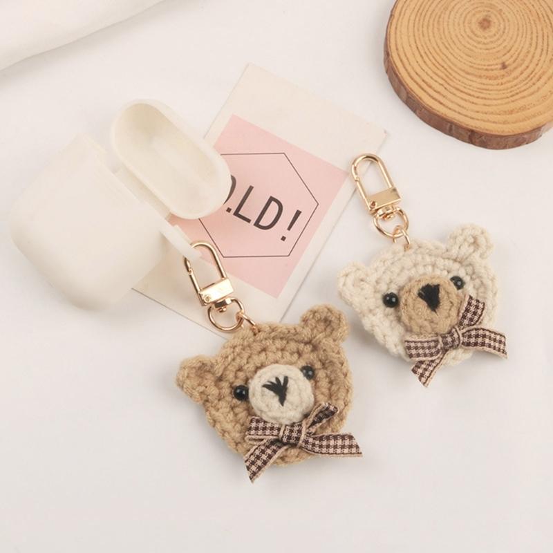 Bowtie Bear Keychain Handmade Wool-Woven Bear Key Ring Earphone Pendant-Decoration Cute Knitted Animal Keyring for Women