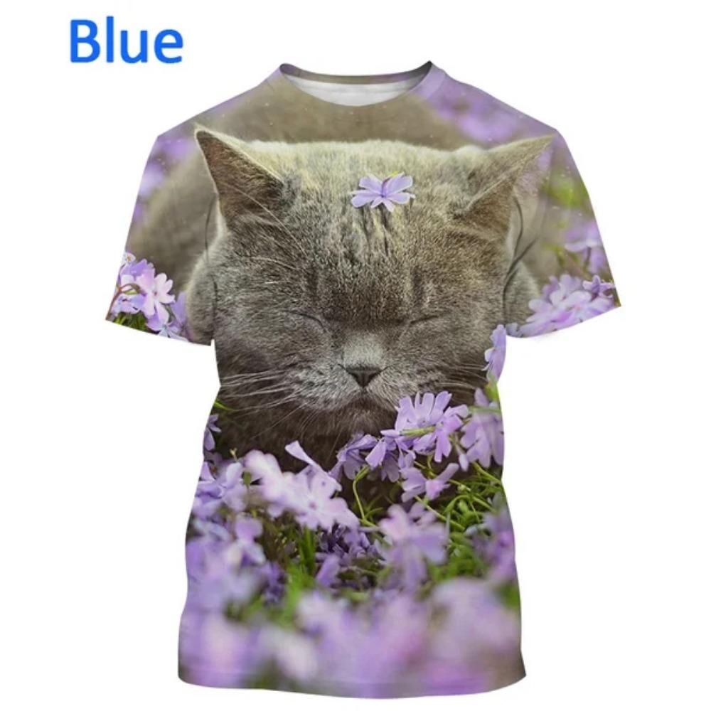 Nuova Maglietta a Maniche Corte con Stampa Floreale e Gatto alla Moda da Donna, Maglietta Casual Carina, Top Streetwear Animale Harajuku