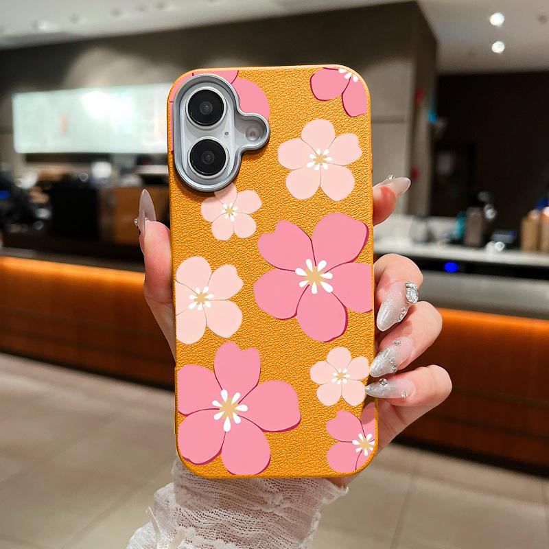 For iPhone 17 Pro Max Case Fresh Style Cherry Blossom Pattern Leather Texture Soft Silicone Cover For iPhone 16 15 14 13 Pro 12 11 16E Air