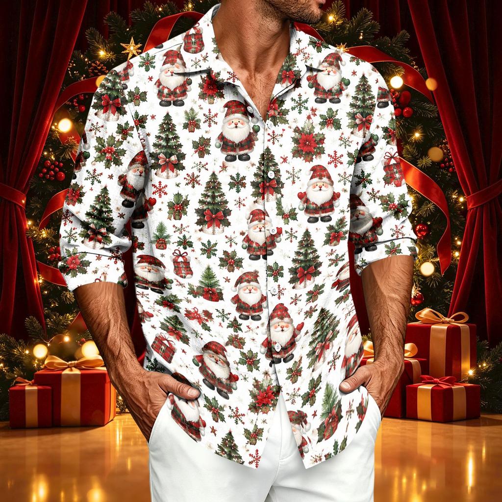 Men's Casual Long Sleeve Shirt with Christmas Print for Spring and Fall